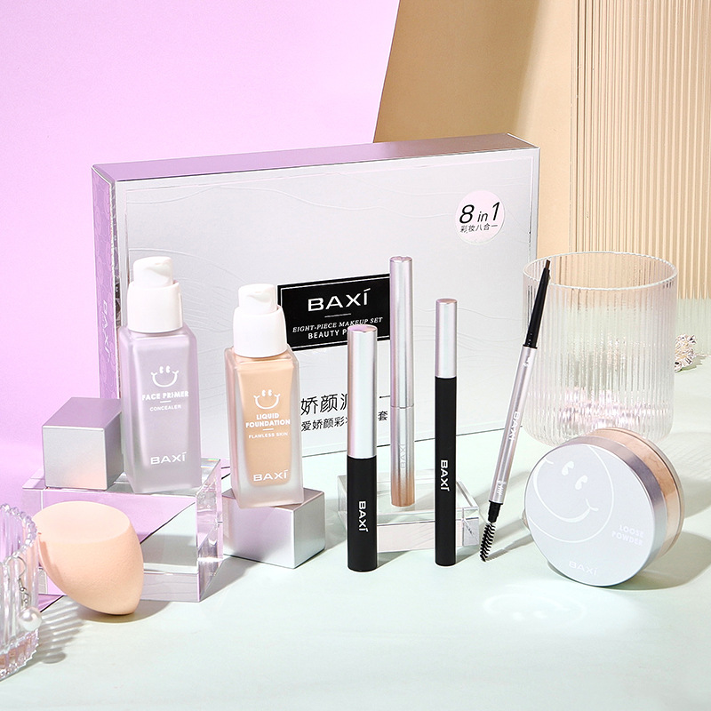 Baxi Baxi Makeup Eight-Piece Set Beauty Egg Liquid Foundation Concealer Liquid Isolation Loose Powder Eyeliner Mascara Eyebrow Pencil
