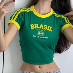 ヨーロッパとアメリカのレトロな美的トップス、緑の夏用Tシャツ、刺繍文字パターン、半袖ベビークロップドトップス、レディーストップス