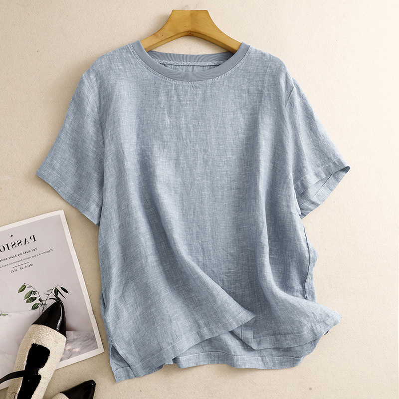 ソリッドカラー Tシャツ女性のための 2025 夏の新しい文学と芸術のファッション年齢を減らすルーズ痩身スプライシングラウンドネック Tシャツトップス女性のための|undefined