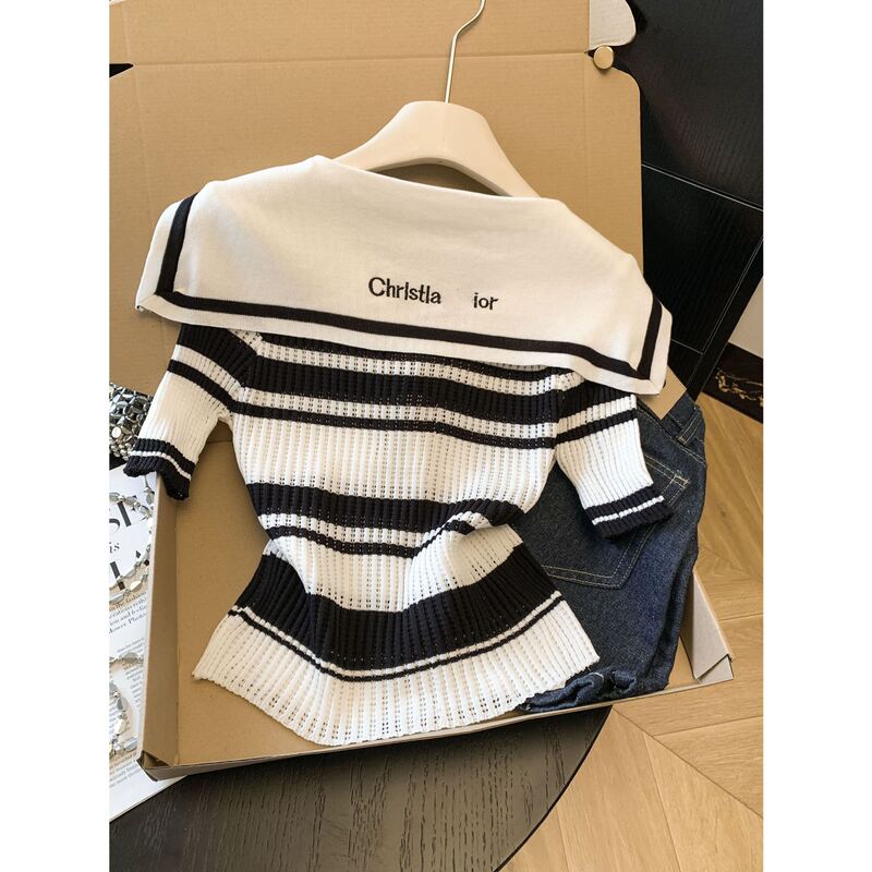 Trendy and Youthful Striped Knit Top for Women, Korean Style, Sailor Collar, Slim Fit Short-Sleeve Shirt, Pure and Sexy Top