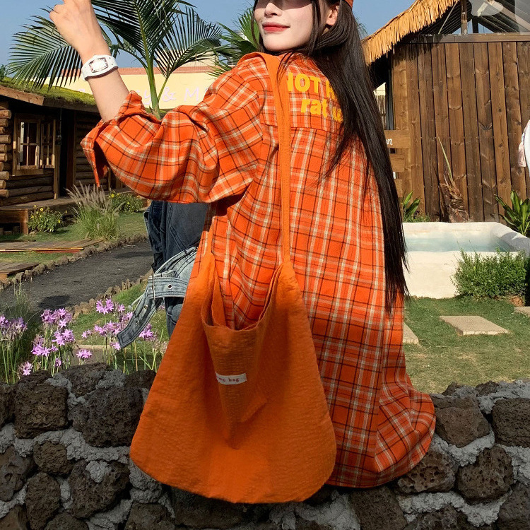 Orange Plaid Shirt Women's Spring and Autumn American Retro Loose Casual Long-Sleeved Shirt Cross-Border Printed Top Jacket