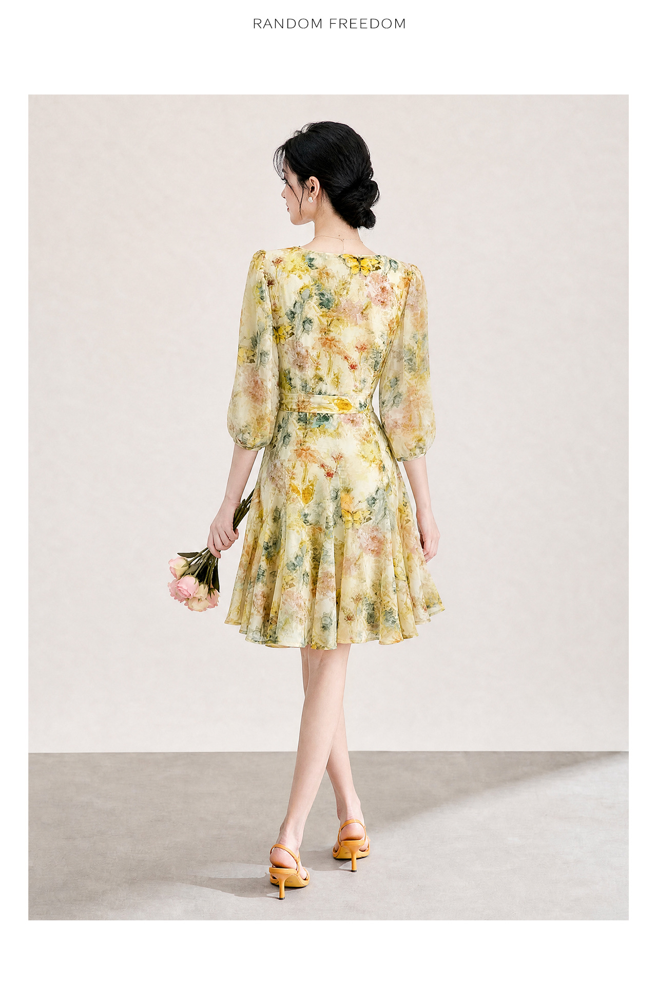 Đầm maxi nữ tay phồng hoa nhí chất liệu voan chiffon — xanh lá cây chi tiết 17