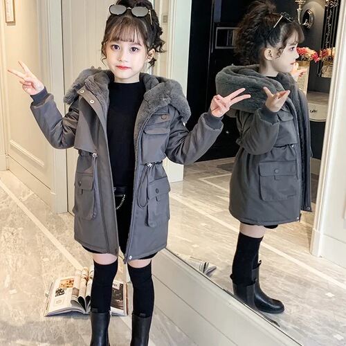 Women's Children's Cotton Winter Outfit 2024 New Children's Fashionable Fleece Thick Parka Coat for Older Girls Outerwear for Import