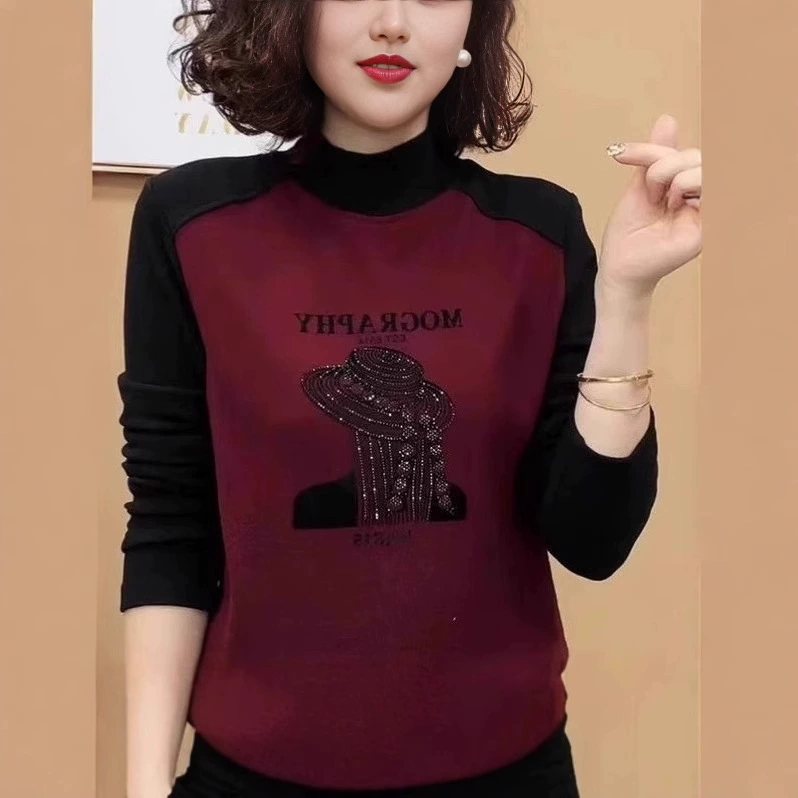 Зимний новый дикий теплый полувысокий воротник сплошной цвет с горячими бриллиантами с длинными рукавами модная футболка темперамент дамы бархатная нижняя рубашка