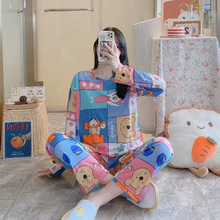 工厂直销外贸跨境批发睡衣女长袖圆领卡通牛奶丝家居服套装亚马孙