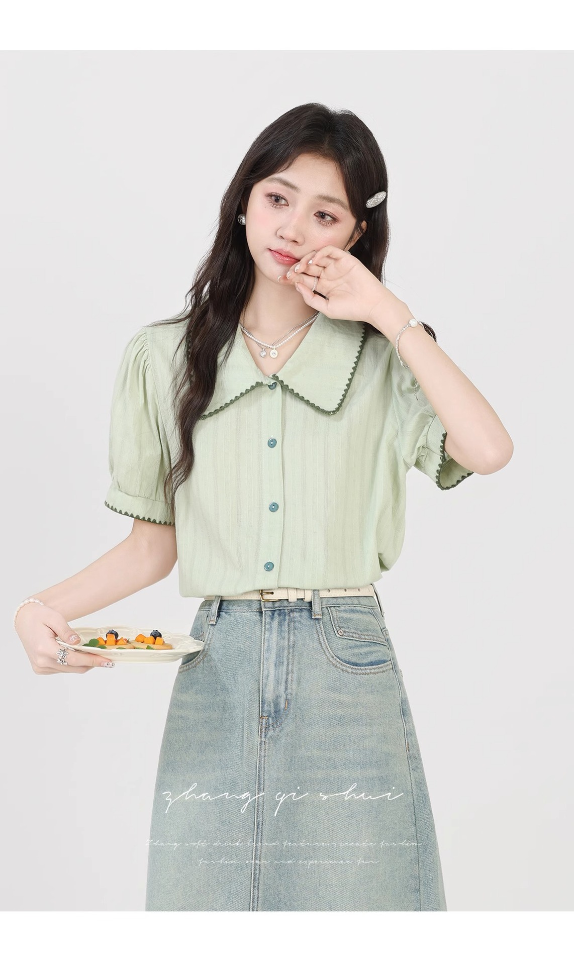 Áo sơ mi nữ cotton ngắn tay cổ búp bê xanh nhạt phong cách mới mùa hè — Màu xanh lục nhạt chi tiết 13