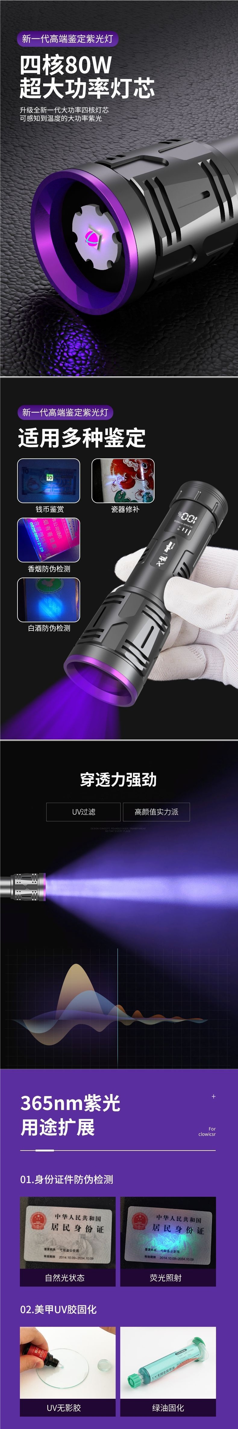 Uv Flashlight for Identification, 365Nm Ultraviolet Light for Detecting Jade, Gemstones, Banknotes, Tobacco, and Alcohol, Anti-Counterfeiting Lamp