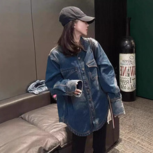 复古正肩款加绒加厚牛仔衬衫女秋冬季韩版休闲宽松长袖衬衣厚外套