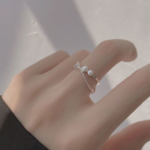 S925 sterling silver double-layered cross pearl ring, feminine, high-end, trendy index finger ring, cool style open ring