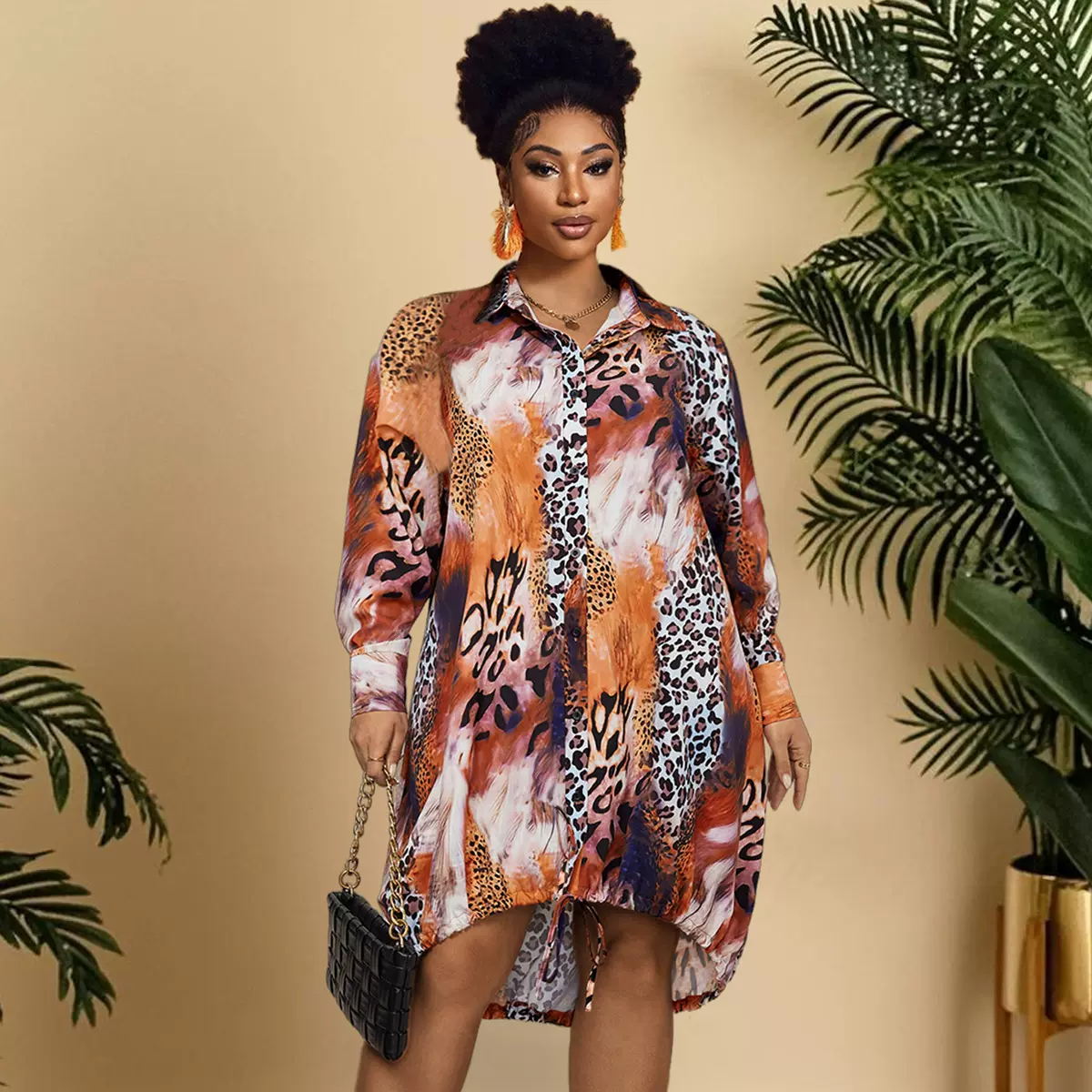 跨境polo领长裙亚马逊豹纹ebay印花衬衣领长袖大码女装时尚连衣裙