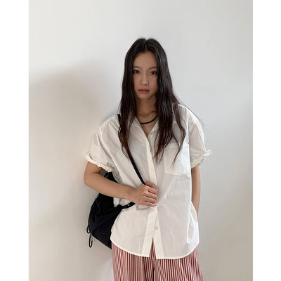 EVERTRUE 衬衫女2024夏季新款韩版纯棉短袖翻领衬衣透视上衣61505
