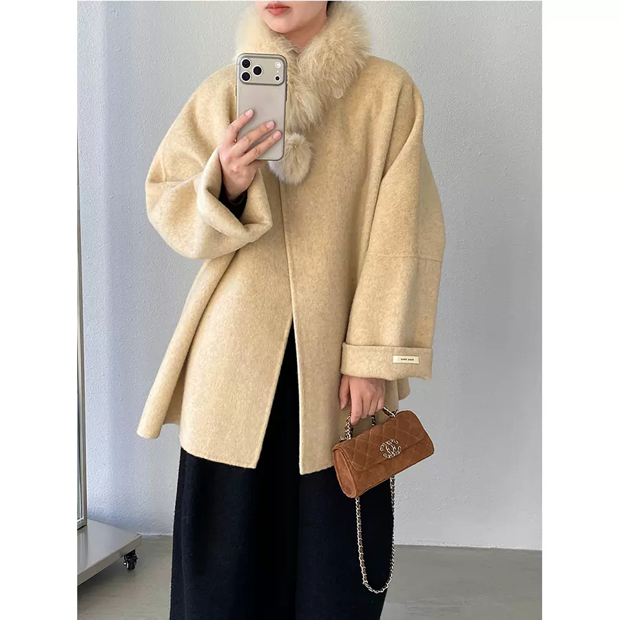 江左 冬日白月光 斗篷狐狸毛领100羊毛双面呢大衣女冬中长款 9838