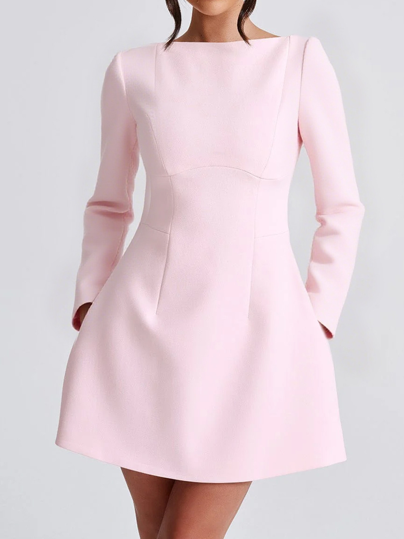 Women's Elegant Long-Sleeve Mini Solid Color Dress