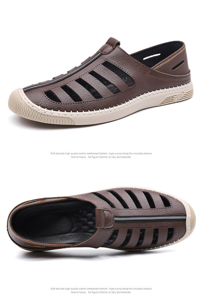 Giày lười sandal nam thoáng khí khoét lỗ, mũi tròn, đế cao su chống trượt — Màu nâu, màu đen chi tiết 18