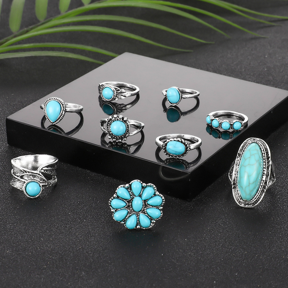 Exaggerated Ethnic Style Cool Style Leaf Round Snake Alloy Plating Inlay Turquoise Women's Rings display picture 14