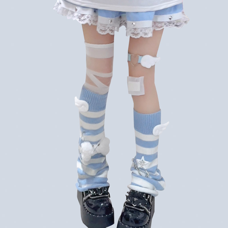 オリジナルy2kサブカルチャー水色青と白のストライプフレアレッグカバー日本製骨原宿パイルソックスカバーフロアレース|undefined