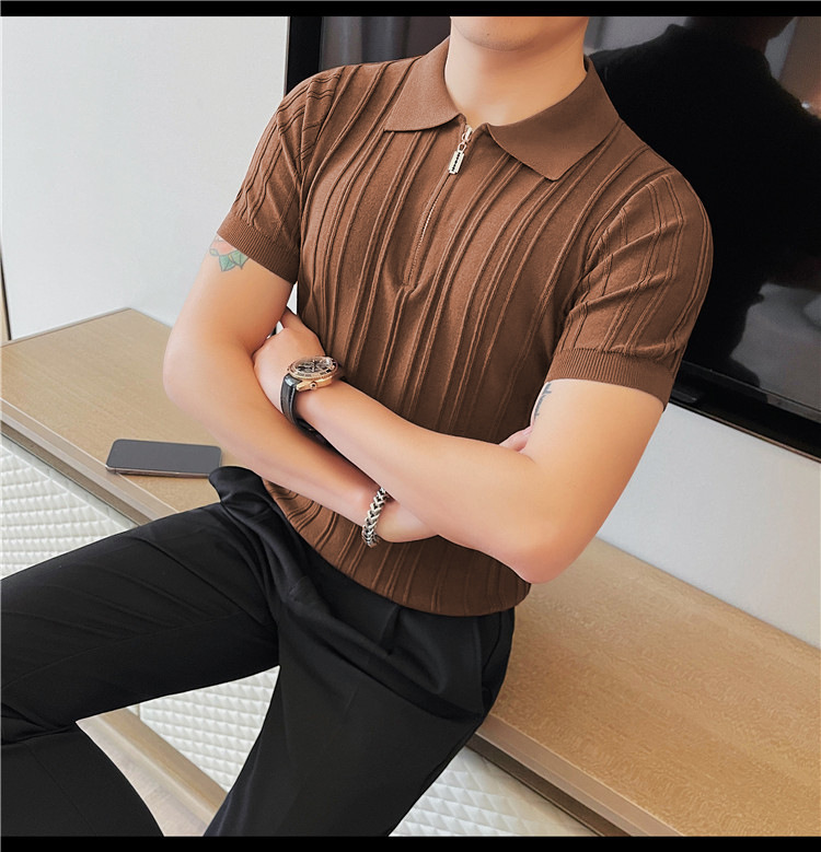 Zipper jersey polo de manga corta hombre verano americano retro commuting suelto vertical rayas pozo cuello camiseta hombre