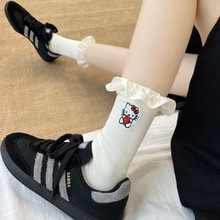 可爱袜子女中筒袜纯棉春秋日系kitty猫卡通花边长袜德训鞋堆堆袜