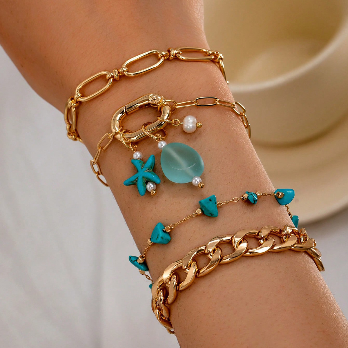 Conjunto de pulseiras femininas estrela do mar turquesa pedra_voghion.com