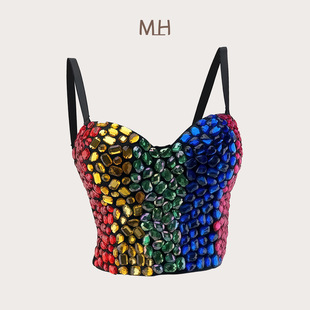 Mh Cross-Border New Bra Top with Diamond-Encrusted Acrylic Beads Wrapped Around the Chest and Fishbone Sexy Sexy Stage Suspender Bra