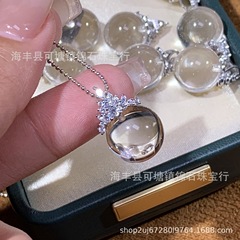 天然白水晶灯泡吊坠S925银镶嵌皇冠项链锁骨链礼物女爆款饰品批发