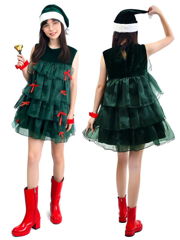 クリスマス新作ノースリーブグリーンケーキスカートコスプレクリスマスツリー祭りパーティー演出服舞台衣装女|undefined