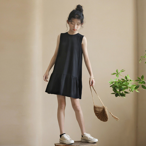 Ladies and Girls' Summer 2024 New Japanese Style Loose Short Sleeve Black Knit Children's Dress Cool Cross-border