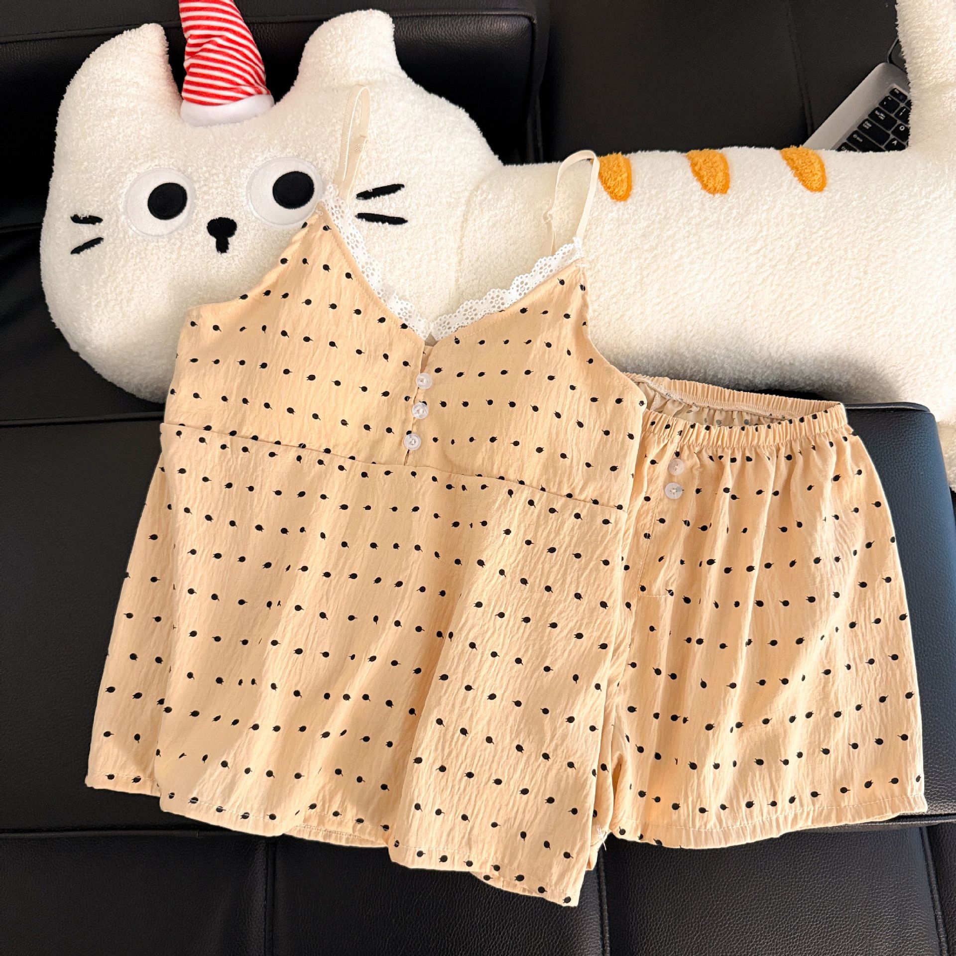 Pantalones cortos con cojín de pecho al por mayor transfronterizo pijamas de verano nuevo algodón nublado dulce conjunto de ropa de casa a cuadros