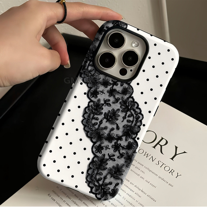 Factory Wholesale Black and White Polka Dot Lace Iphone17Promax Phone Case Apple 13 Protective Cover Customized with Pictures
