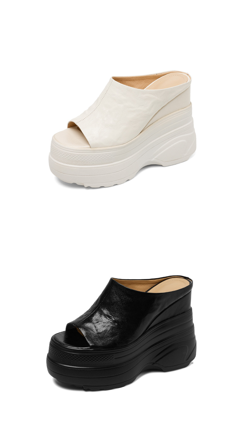 Dép sandal nữ quai chữ V đế xuồng cao gót ẩn, mũi hở, da PU chống nước — màu đen, màu trắng ngà chi tiết 17