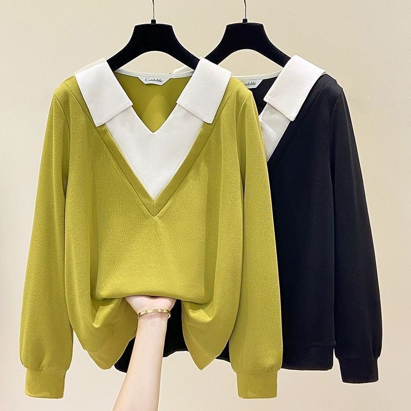 Plus Size Layered Polo Shirt – Slimming Long Sleeve Mock Two-Piece Top For Women (Green/Black, L-4XL, Up To 300lbs)_ecoleips.com