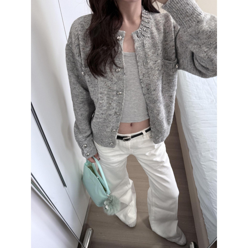 miu系穿搭毛衣外套女早秋镶钻设计感针织开衫慵懒风软糯灰色上衣|undefined