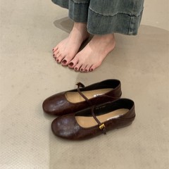法式小众设计感一字带金属扣平底豆豆鞋2025新款温柔玛丽珍单鞋子