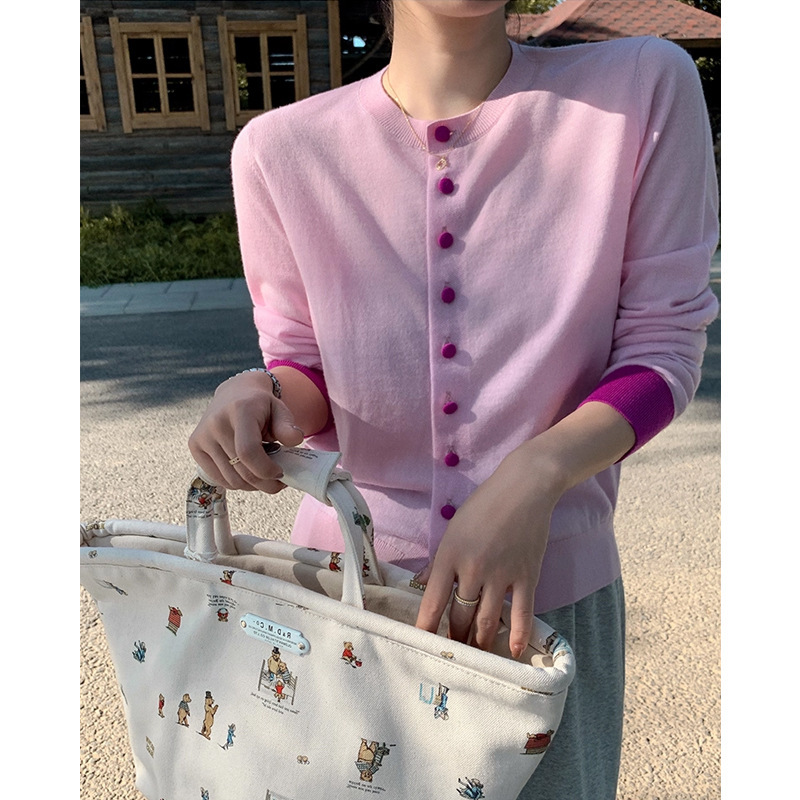 槿一 店主自留~邂逅针织衫美利奴羊毛混纺撞色长袖上衣女显瘦百搭|undefined