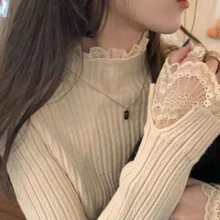 Lace half turtleneck bottoming shirt for women 2023 autumn and winter inner wear slim temperament long sleeve sweater sweater
