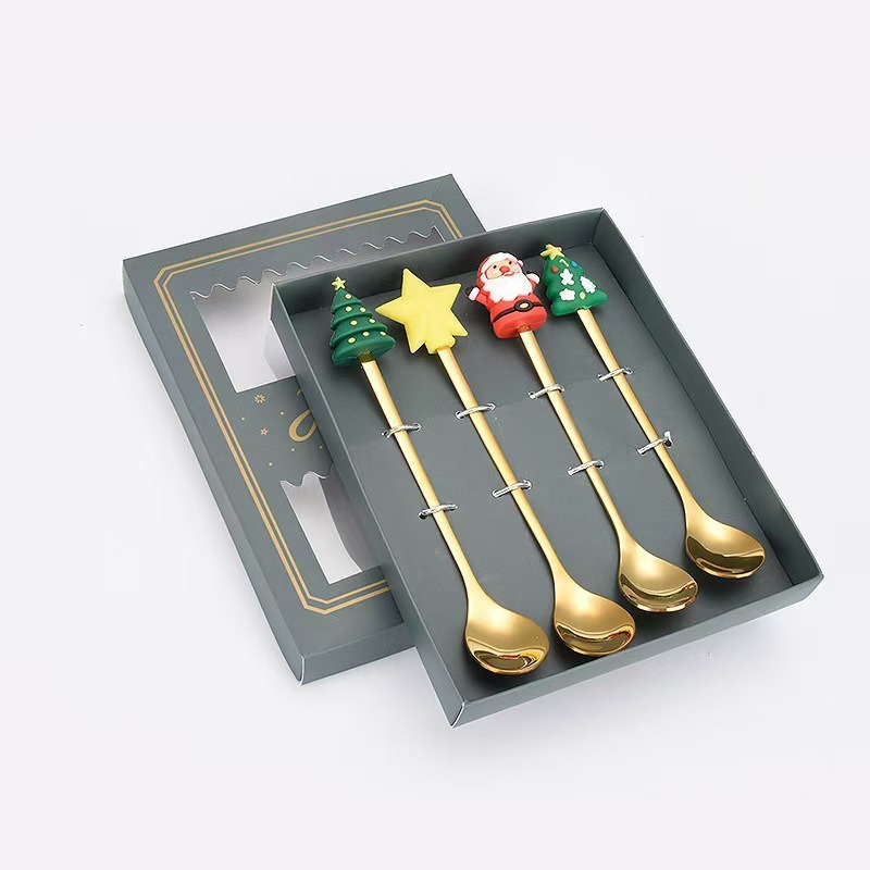 Cucharas de acero inoxidable transfronterizas muñecas de Papá Noel cubiertos cajas de regalo caseras de café mezclador cucharas de postre horquilla de frutas