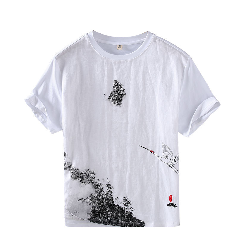 Summer new men's linen patchwork bamboo cotton T-shirt for men's casual short sleeved T-shirt with Chinese style crane print_voghion.com