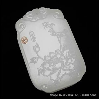 新疆白玉阿富汗白玉花开富贵精雕牌子玉石牡丹吊坠项链挂件