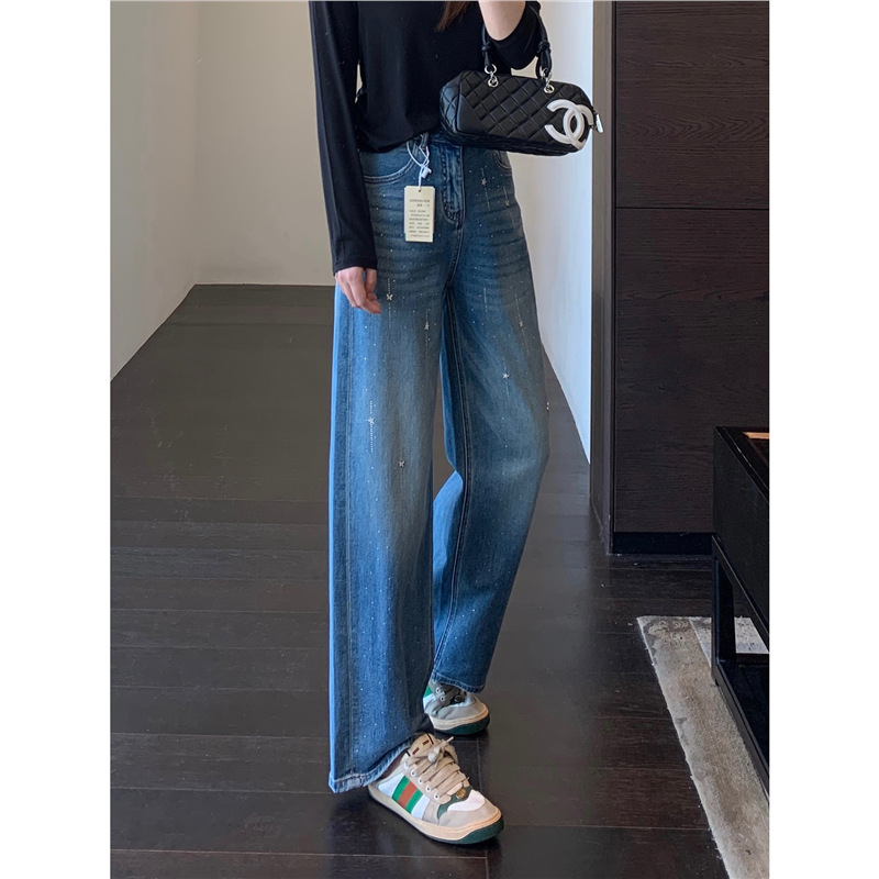 Spring Is Not Late ◆ Luxurious Rhinestone High-Quality Jeans High-Waisted Loose Slimming Straight Wide-Leg Pants for Women Autumn and Winter New Spring Is Not Late ◆ Luxurious Rhinestone High-Quality Jeans High-Waisted Loose Slimming Straight Wide-Leg Pants for Women Autumn and Winter New