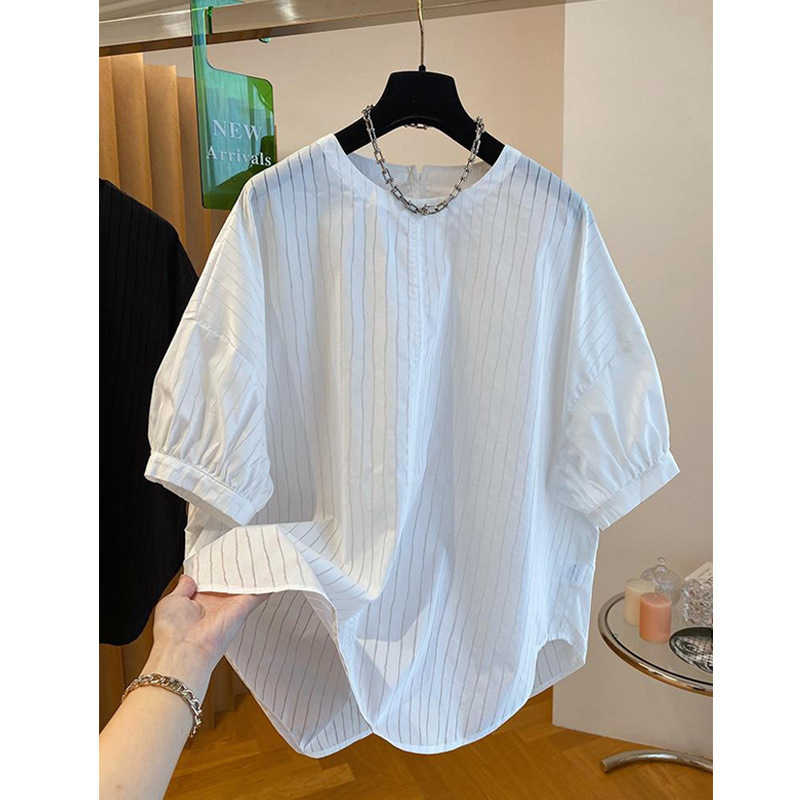 Korean Style Pleated Niche Plus-Size Loose Shirt Top for Women, New Summer Casual Versatile Puff Sleeve Shirt Trend