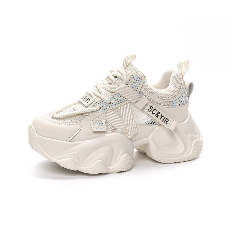 Giày sneaker nữ chunky đế dày tăng chiều cao 8cm buộc dây thời trang — M2566 màu be, M2566 màu hồng