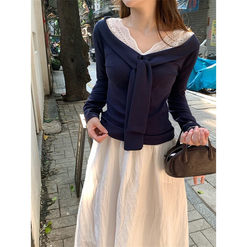 1*1 Korean Style One-Shoulder Lace Splicing Lace-Up Design Long-Sleeved T-Shirt for Women Early Autumn Elegant Top