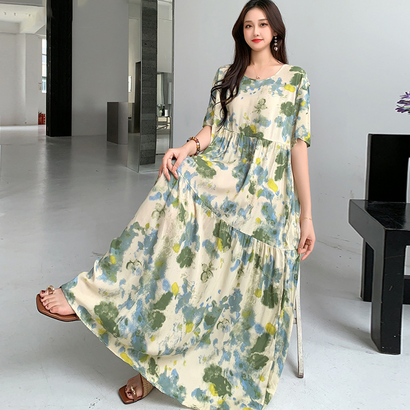 Middle Eastern Dress Plus Size Maternity Dress Rayon Silk Floral Beach Dress Bohemian Short-Sleeved Long Skirt