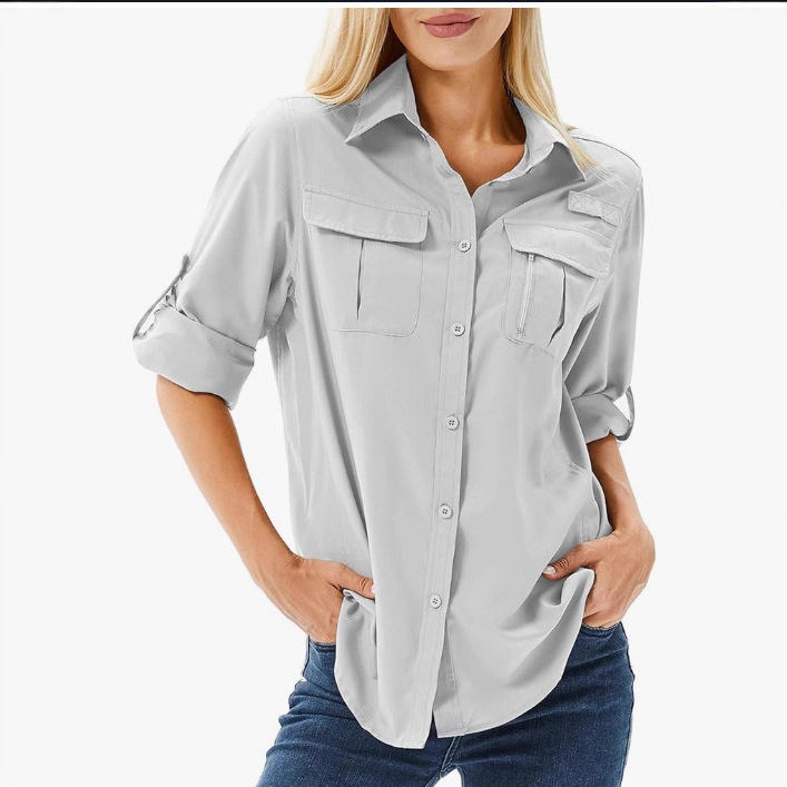 Women's Quick Drying Breathable Stretch Shirt UV Protective Thin Top With Multiple Pockets Casual Style For Outdoor Spring/Autumn Summer_voghion.com