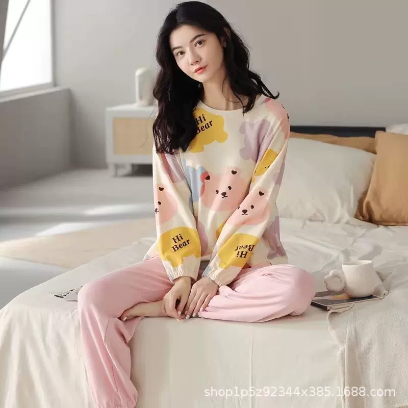 外贸现货爆款睡衣女款长袖春秋可外穿家居服宽松版加大码可爱套装