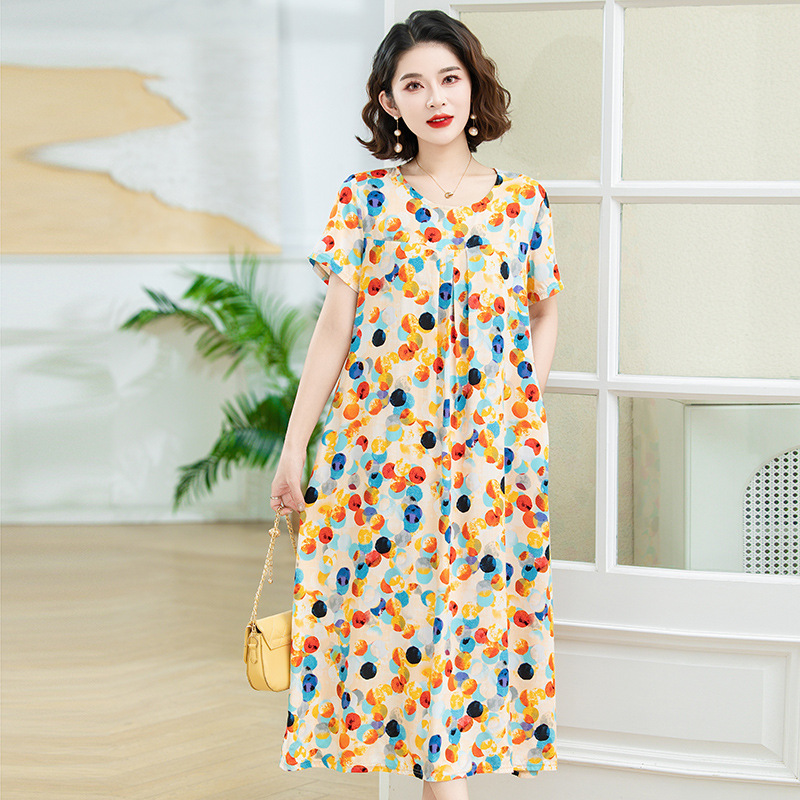 Summer New Style Loose-Fitting Slimming Mid-Length Nightgown for Middle-Aged and Elderly Women, Casual Cotton Silk Home Wear Dress