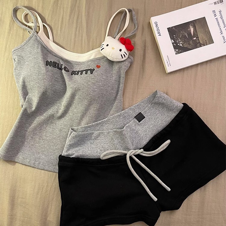 Sweet Girl Kitty Chest Pad Sling Cute Pajamas Women's Summer 2025 New Arrival Striped Shorts suit Home Clothes