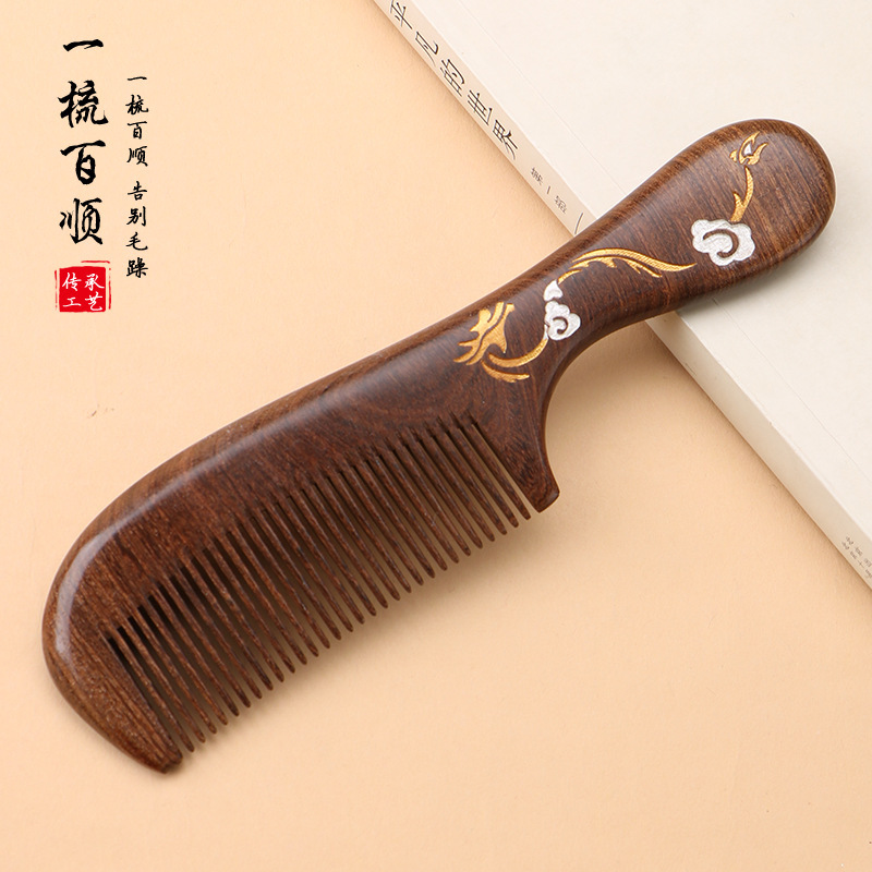 黒檀木製櫛、龍鳳彩画入り、静電気防止、髪をなめらかにするマッサージ櫛、母の日ギフト、ヘアケア|undefined