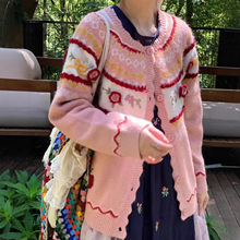 389森日系复古古着毛衣钩花朵提花慵懒针织开衫外套