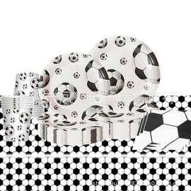 新款生日白色足球运动主题派对餐具套装纸盘纸巾桌布派对场景布置